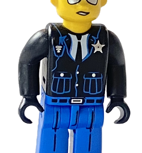 LEGO 4j008: Police – Blue Legs, Black Jacket, Blue Cap, Sunglasses