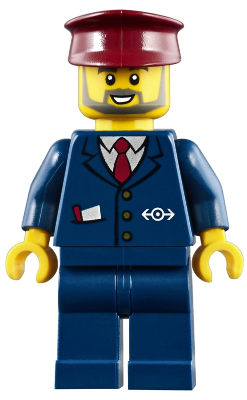 LEGO trn248: Dark Blue Suit with Train Logo, Dark Blue Legs, Dark Red Hat, Gray Beard