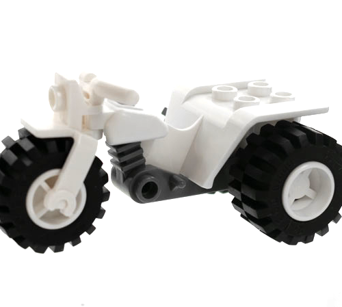 LEGO 30187c06: Driewieler met donker blauwachtig grijs chassis en witte wielen – ingekerfde gaten op de achterwielen Wit