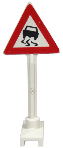 LEGP 649pb08b: White Road Sign Triangle with Skidding Car Pattern (Car with no Tire on Back)